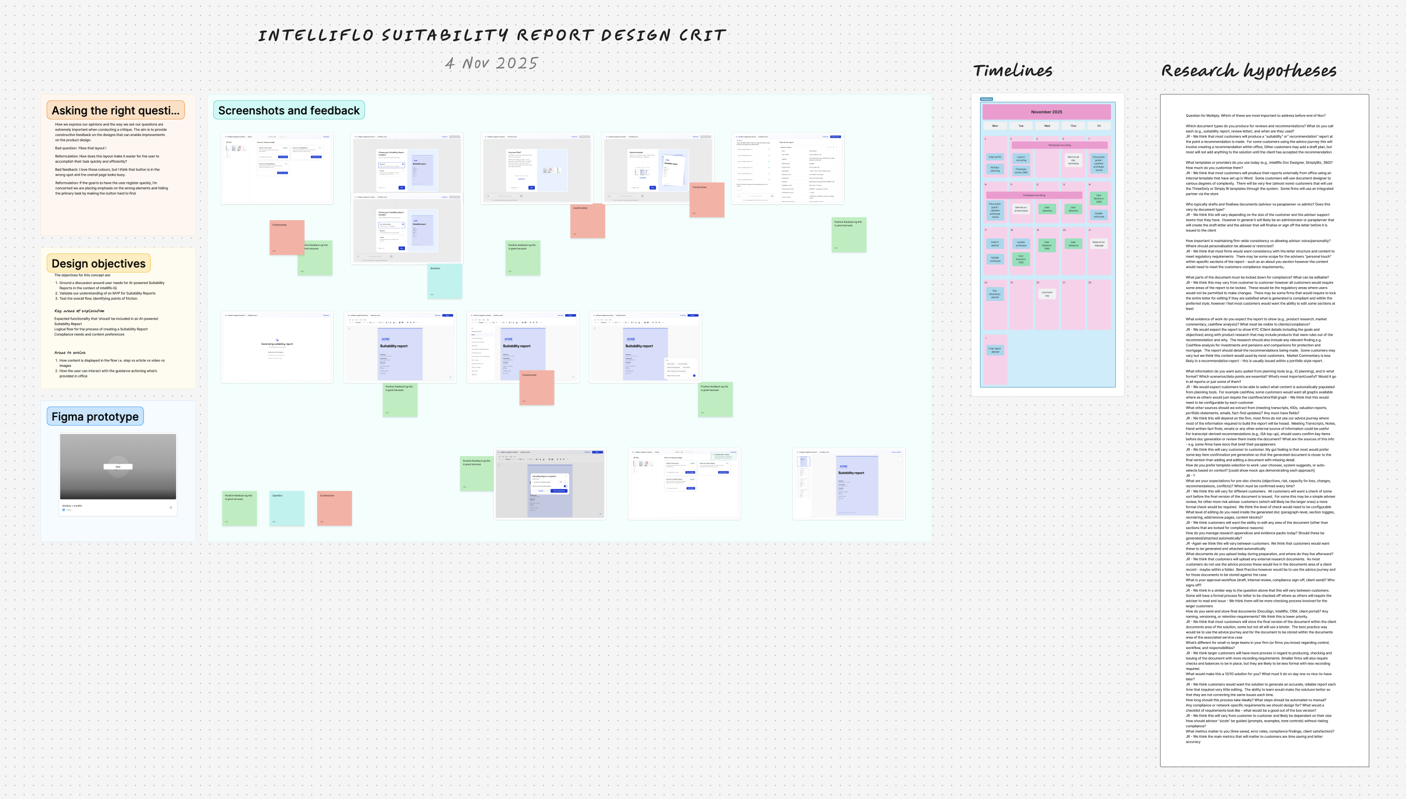 Intelliflo Suitability Report design crit session with screenshots, feedback, and research hypotheses