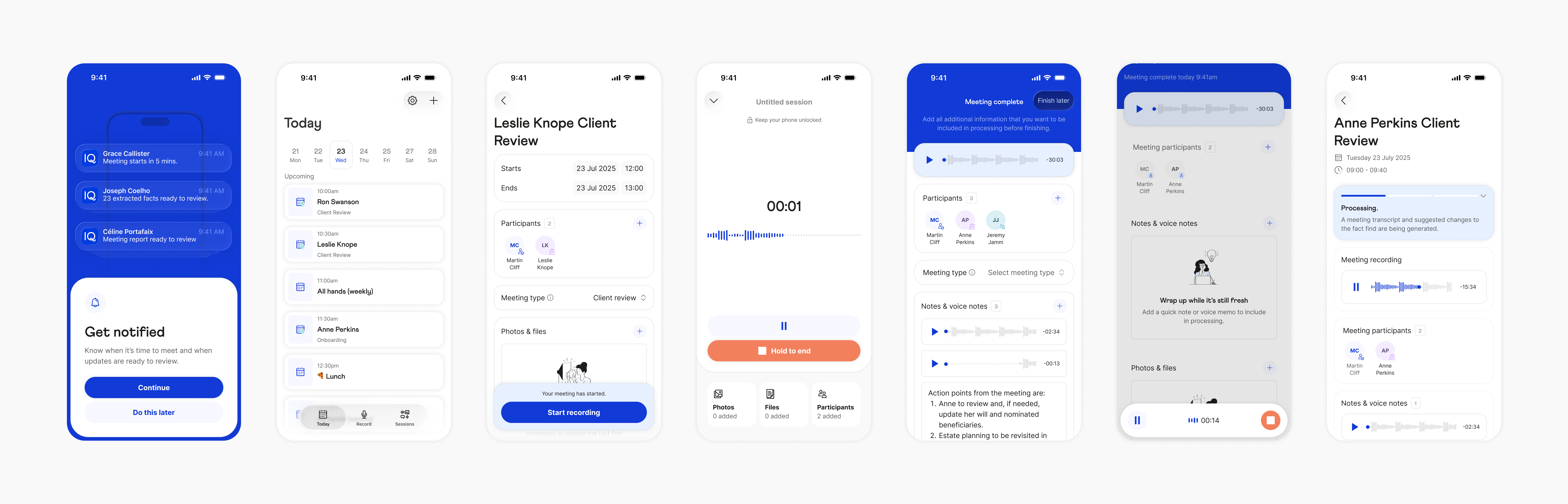 IQ mobile app screens showing notifications, meeting setup, recording, voice notes, and meeting review
