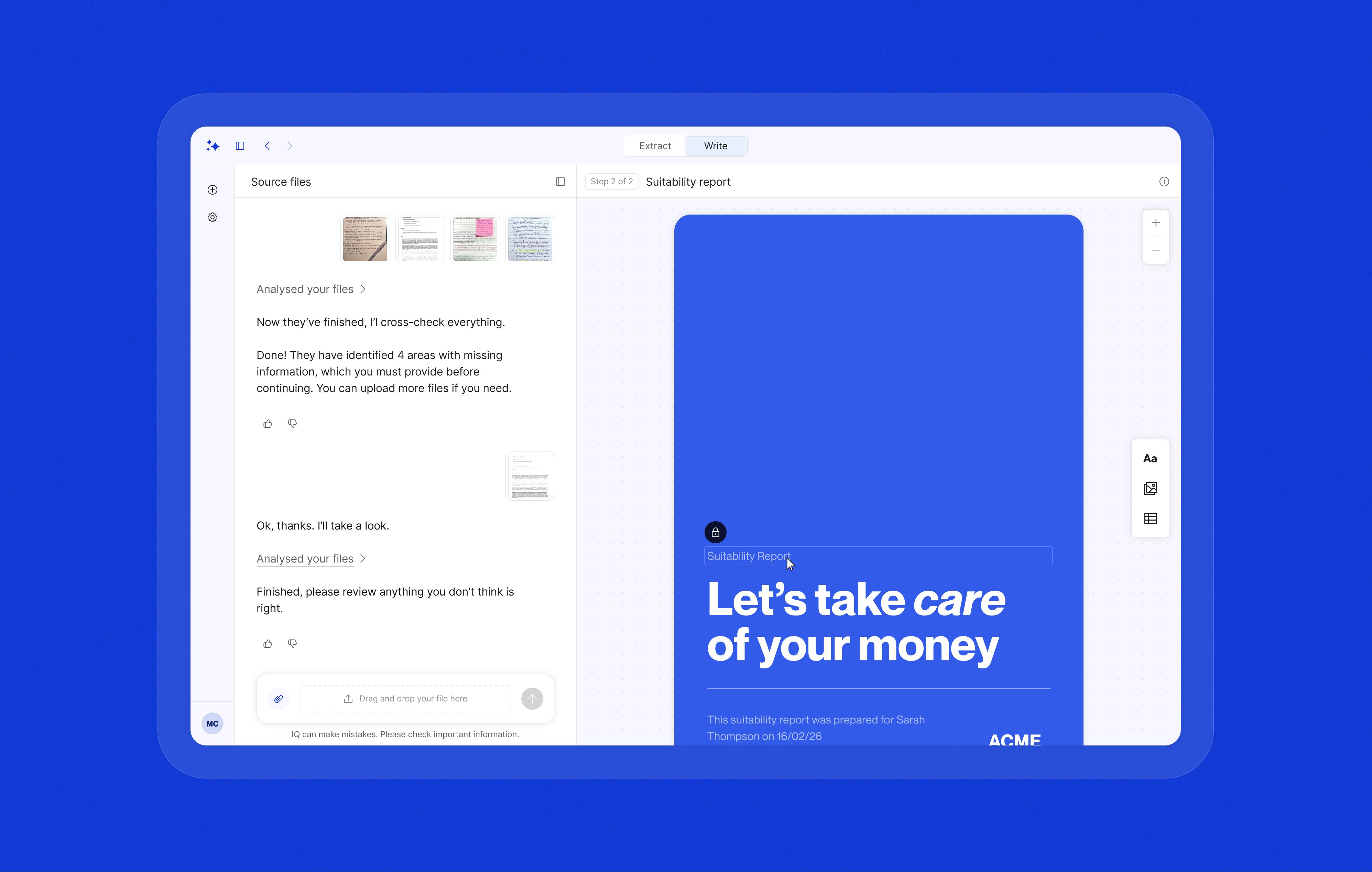 AI-generated suitability report with customisable tone and theme, shown alongside the web app chat interface